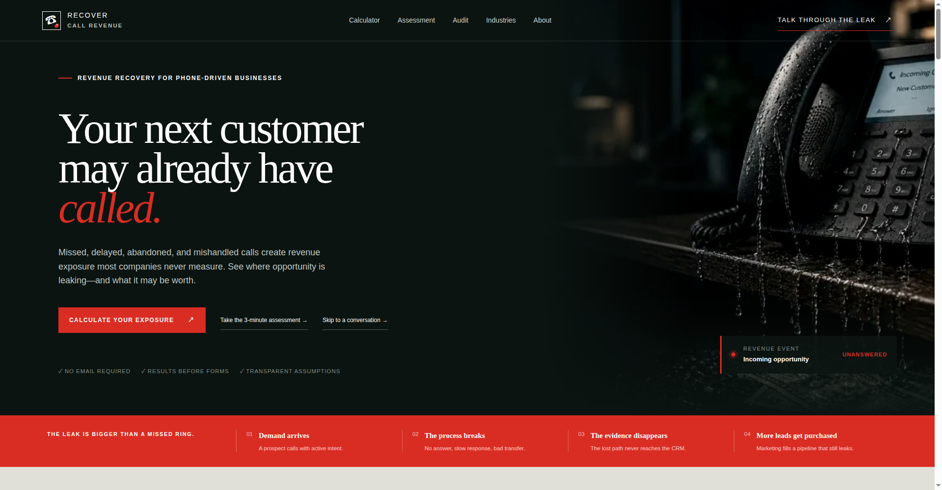 Recover Call Revenue homepage